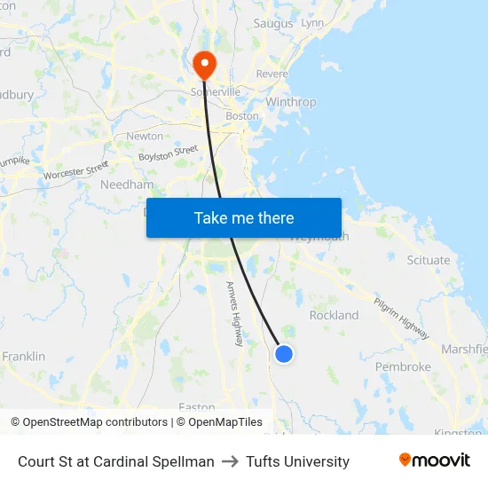 Court St at Cardinal Spellman to Tufts University map