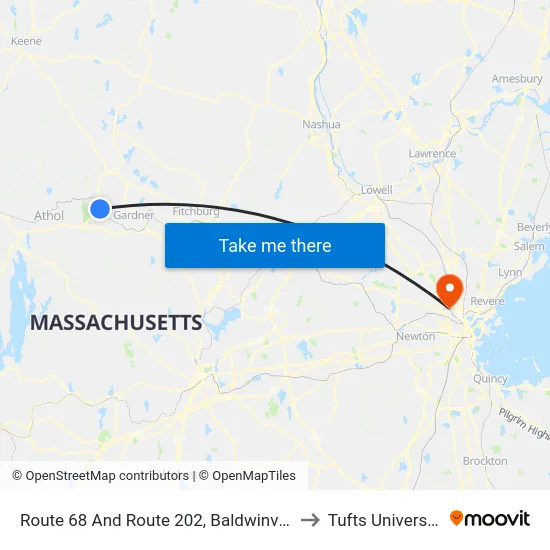 Route 68 And Route 202, Baldwinville to Tufts University map