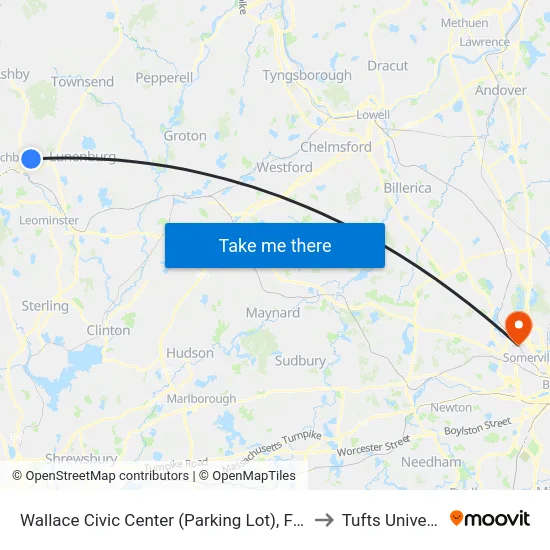 Wallace Civic Center (Parking Lot), Fitchburg to Tufts University map
