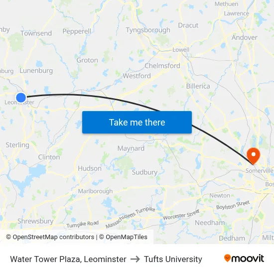 Water Tower Plaza, Leominster to Tufts University map