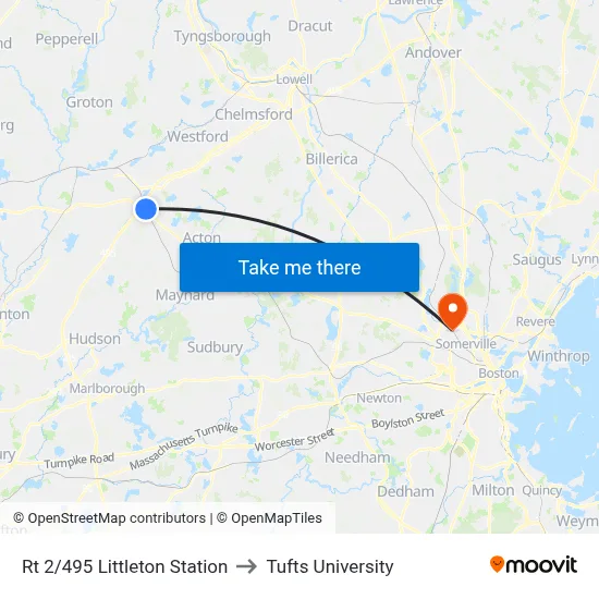 Rt 2/495 Littleton Station to Tufts University map