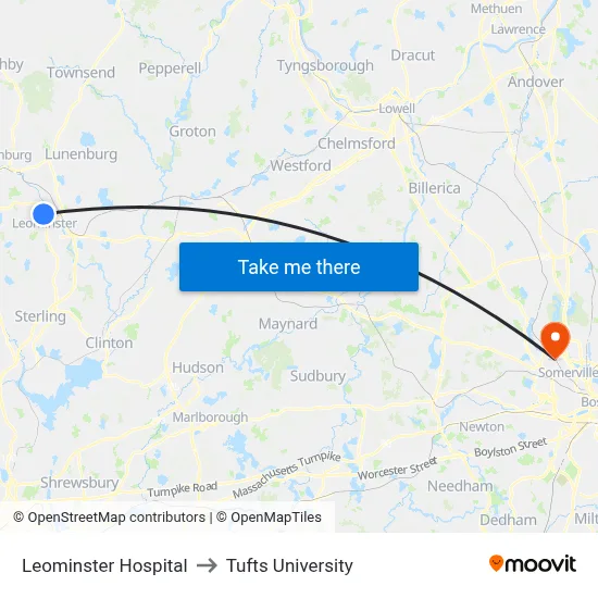 Leominster Hospital to Tufts University map
