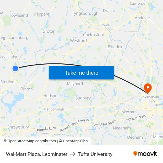 Wal-Mart Plaza, Leominster to Tufts University map