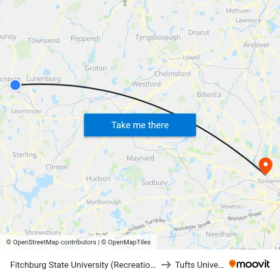 Fitchburg State University (Recreation Center) to Tufts University map