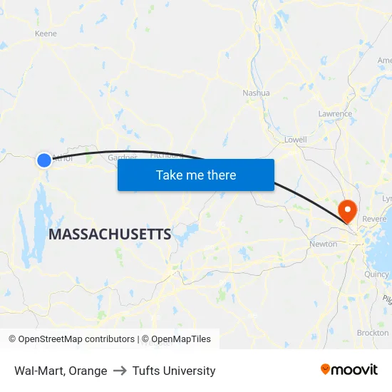 Wal-Mart, Orange to Tufts University map