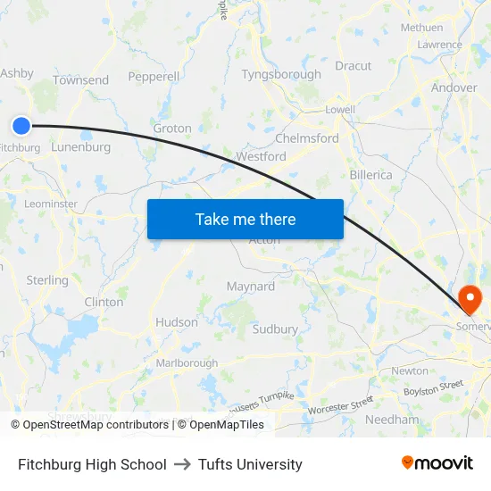 Fitchburg High School to Tufts University map