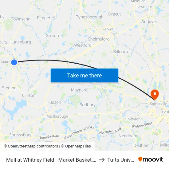 Mall at Whitney Field - Market Basket, Leominster to Tufts University map