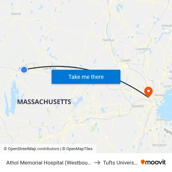 Athol Memorial Hospital (Westbound) to Tufts University map