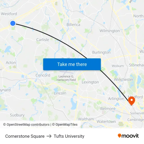 Cornerstone Square to Tufts University map