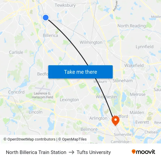North Billerica Train Station to Tufts University map