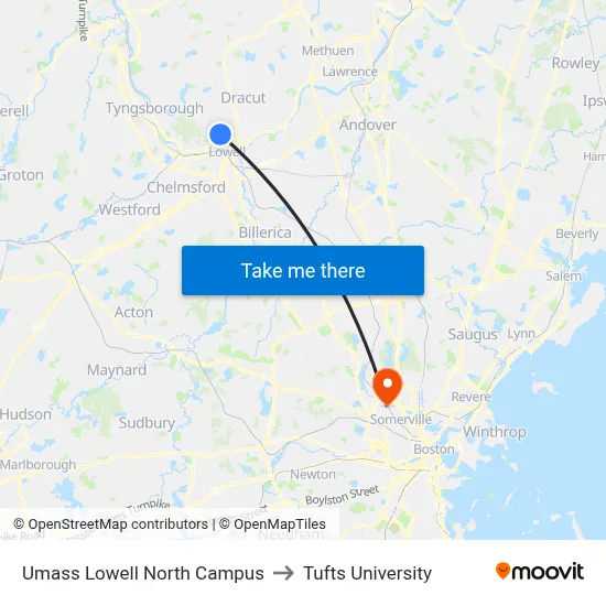 Umass Lowell North Campus to Tufts University map