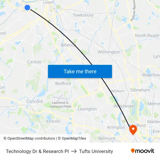 Technology Dr & Research Pl to Tufts University map
