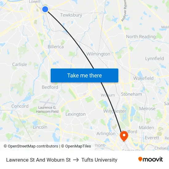 Lawrence St And Woburn St to Tufts University map