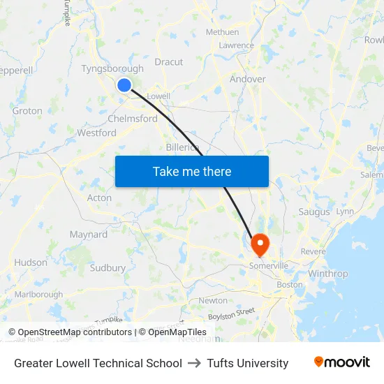 Greater Lowell Technical School to Tufts University map