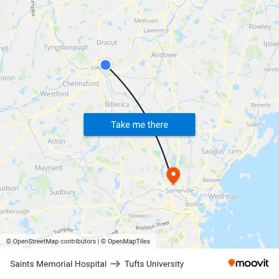Saints Memorial Hospital to Tufts University map
