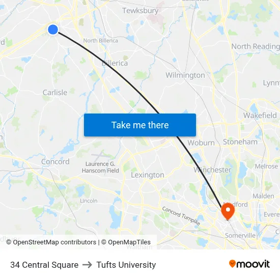 34 Central Square to Tufts University map