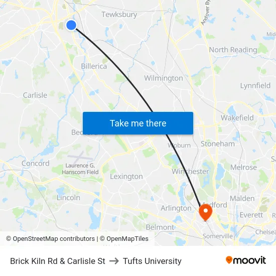 Brick Kiln Rd & Carlisle St to Tufts University map