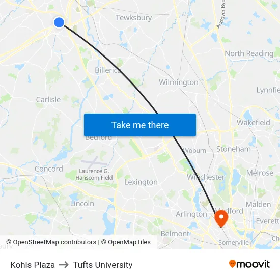 Kohls Plaza to Tufts University map
