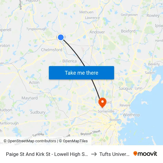Paige St And Kirk St - Lowell High School to Tufts University map