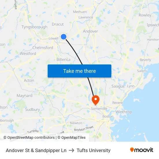 Andover St & Sandpipper Ln to Tufts University map