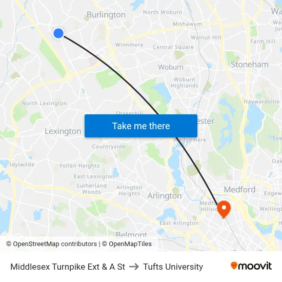 Middlesex Turnpike Ext & A St to Tufts University map