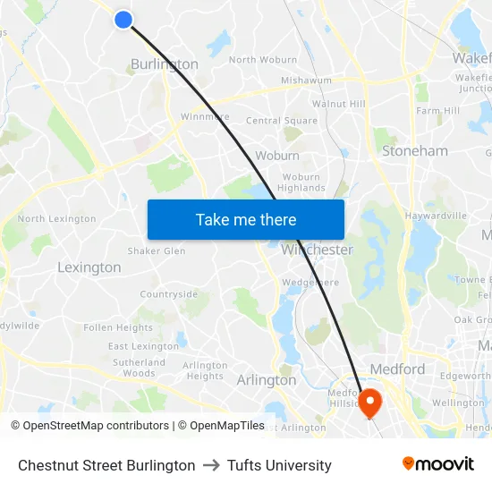 Chestnut Street Burlington to Tufts University map