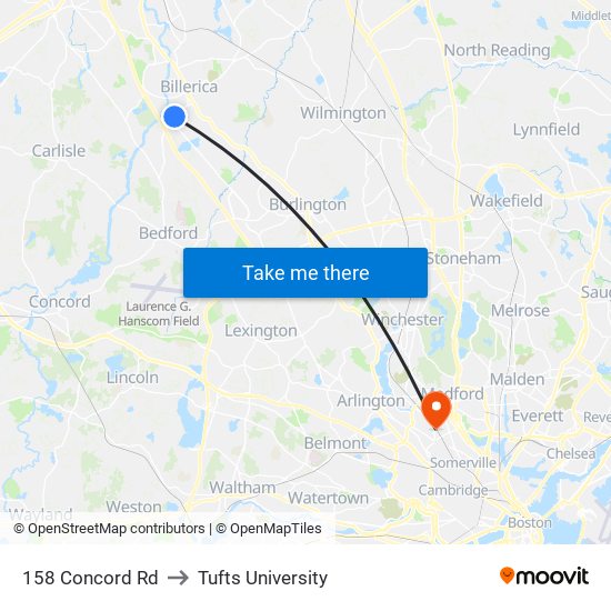 158 Concord Rd to Tufts University map