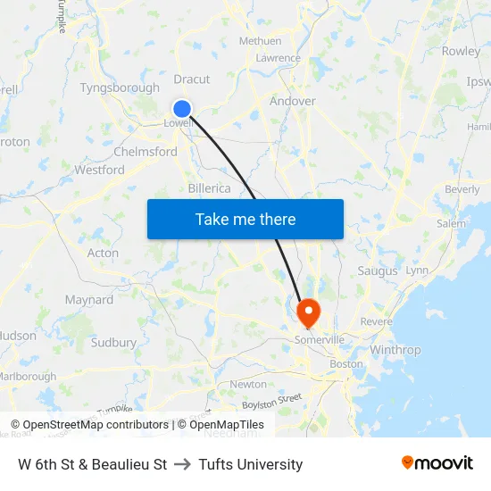 W 6th St & Beaulieu St to Tufts University map