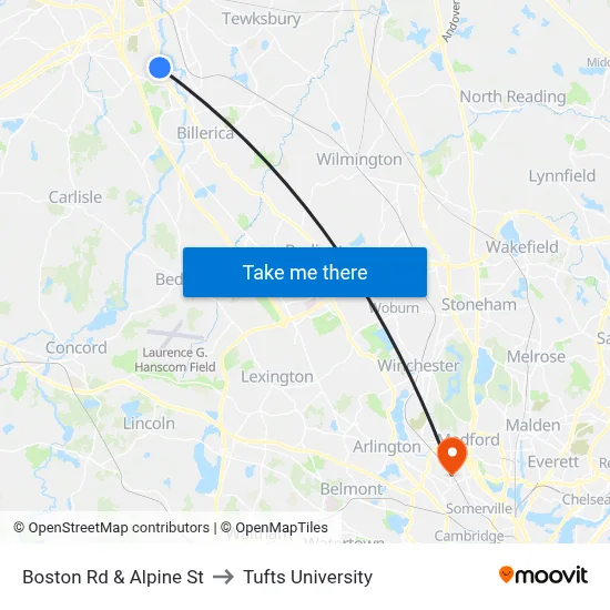 Boston Rd & Alpine St to Tufts University map
