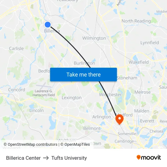Billerica Center to Tufts University map