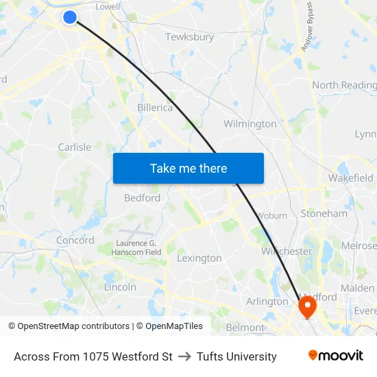 Across From 1075 Westford St to Tufts University map