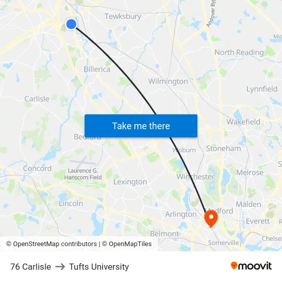 76 Carlisle to Tufts University map