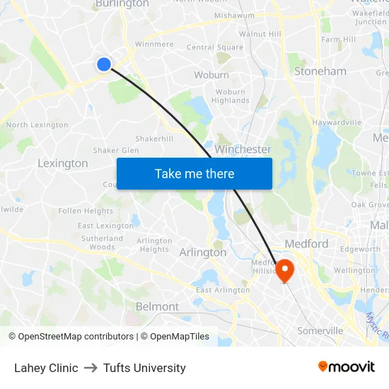Lahey Clinic to Tufts University map