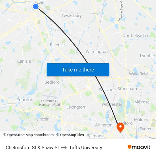 Chelmsford St & Shaw St to Tufts University map