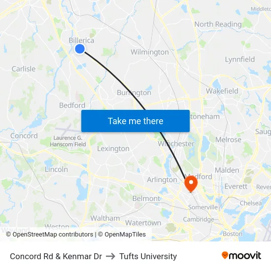Concord Rd & Kenmar Dr to Tufts University map