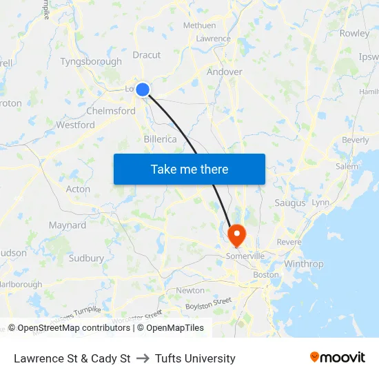 Lawrence St & Cady St to Tufts University map