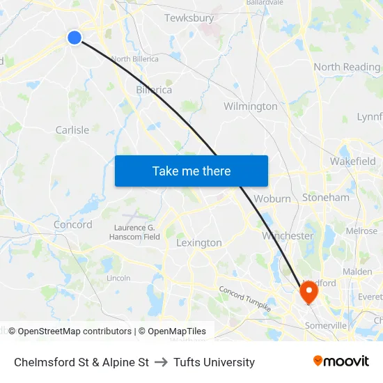 Chelmsford St & Alpine St to Tufts University map