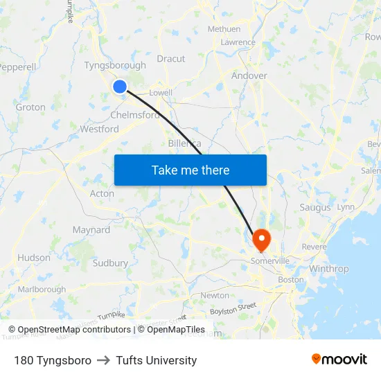 180 Tyngsboro to Tufts University map