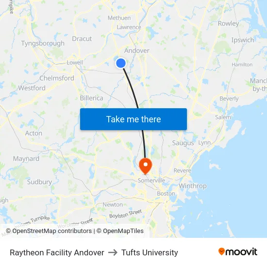 Raytheon Facility Andover to Tufts University map