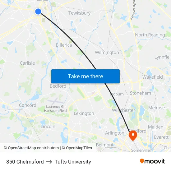 850 Chelmsford to Tufts University map