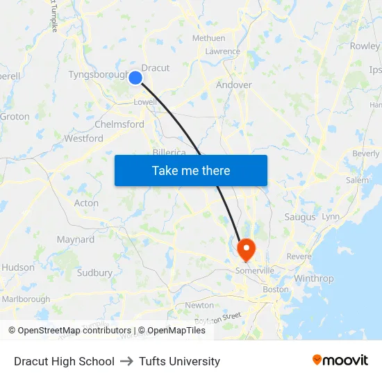 Dracut High School to Tufts University map