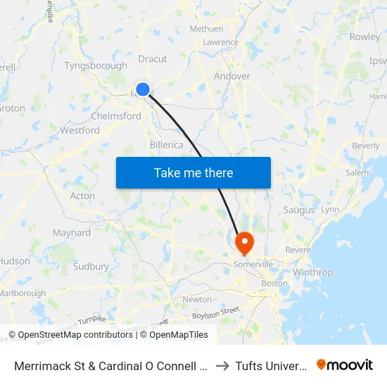 Merrimack St & Cardinal O Connell Pkwy to Tufts University map