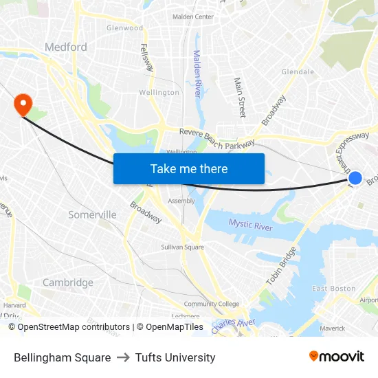 Bellingham Square to Tufts University map