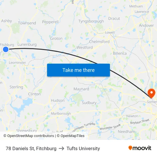 78 Daniels St, Fitchburg to Tufts University map