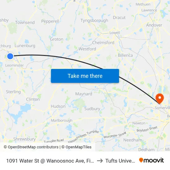 1091 Water St @ Wanoosnoc Ave, Fitchburg to Tufts University map