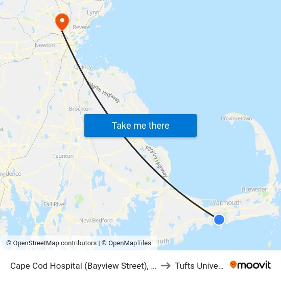 Cape Cod Hospital (Bayview Street), Hyannis to Tufts University map