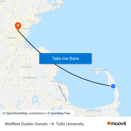 Wellfleet Dunkin Donuts to Tufts University map