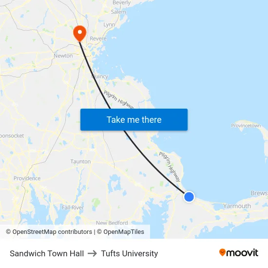Sandwich Town Hall to Tufts University map