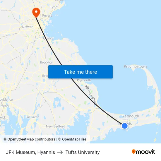 JFK Museum, Hyannis to Tufts University map