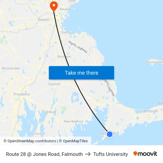 Route 28 @ Jones Road, Falmouth to Tufts University map